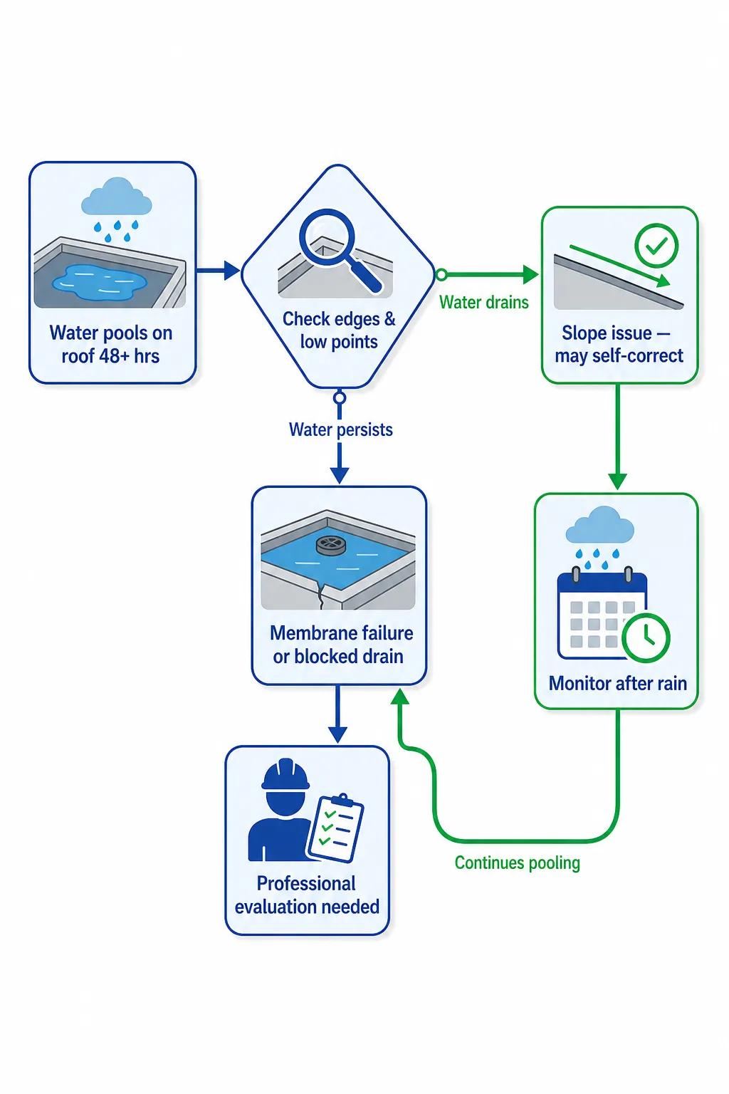 Diagnosing ponding water: a simple decision tree to determine next steps.